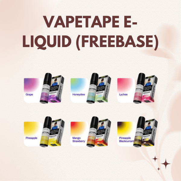 Vapetape Freebase E-Liquid 15ml by ASDF official bottle and packaging showing available fruity flavors