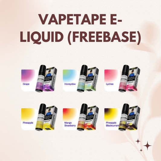 Vapetape Freebase E-Liquid 15ml by ASDF official bottle and packaging showing available fruity flavors